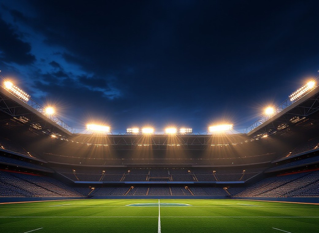 An empty stadium at dusk before a match